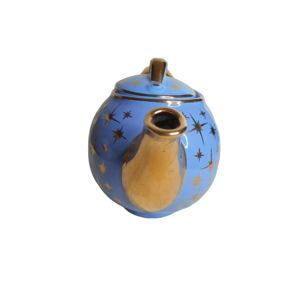 EUC VTG 1950s Hall Periwinkle Blue & Gold Atomic Starburst 6 cup Teapot 0749GL - Picture 4 of 8